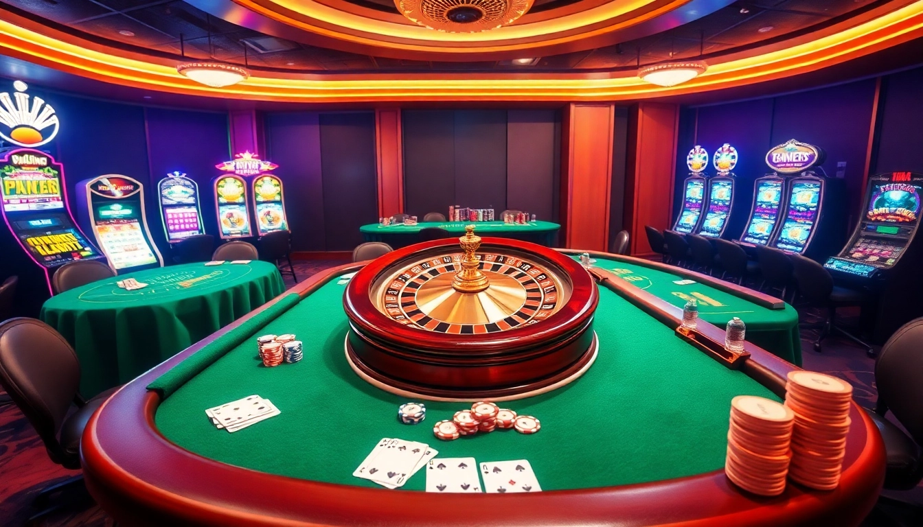 Experience the thrill of gambling at CM88 COM with an engaging casino scene featuring roulette and poker.
