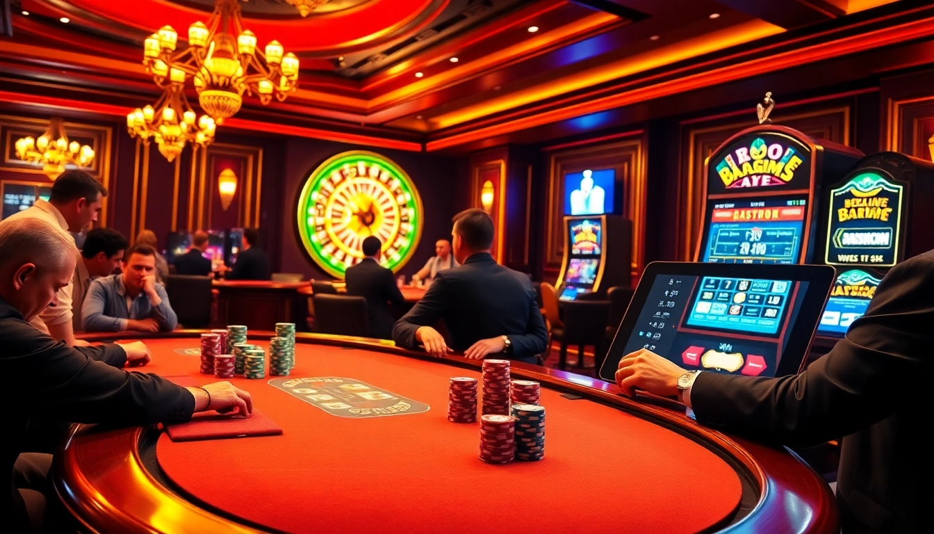 Exciting gambling scene at https://8live.date/ featuring a luxurious casino atmosphere with poker tables and flashing slot machines.