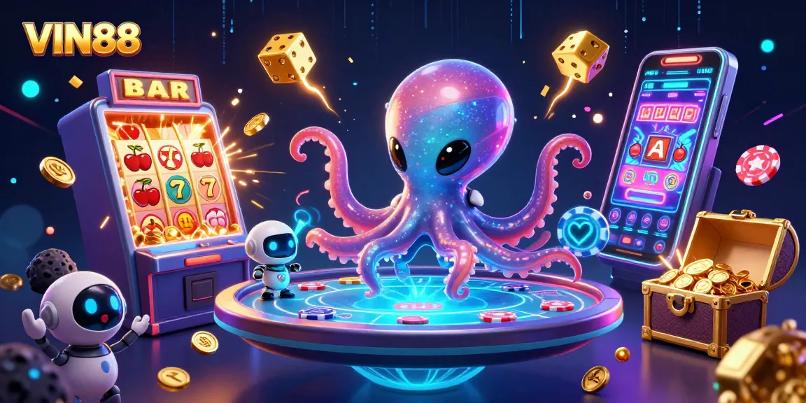 Experience thrilling gameplay at VIN88 with a vibrant 3D illustration featuring an alien octopus at a floating poker table.