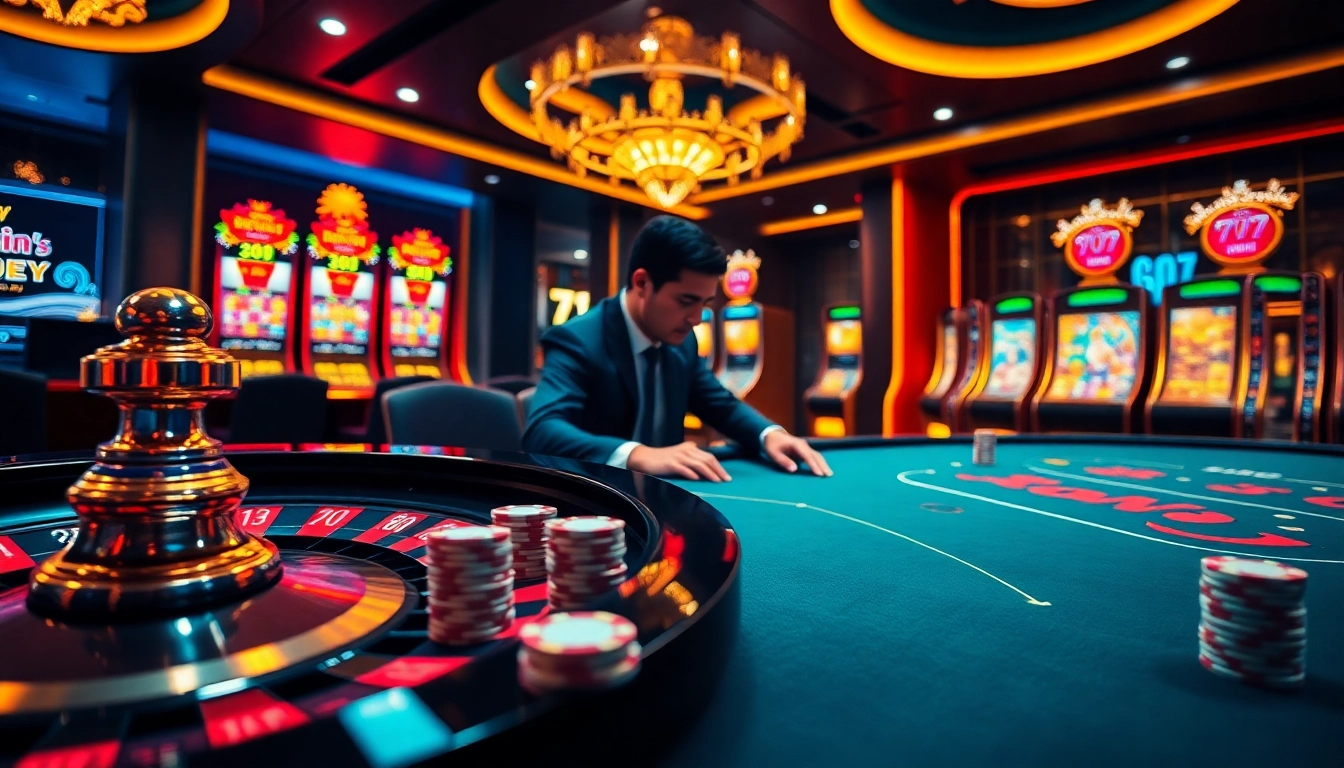 Player engaging in high-stakes betting at 79win casino tables with vibrant chip stacks.