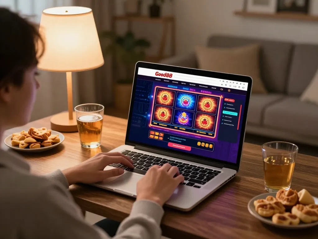 Engaged player exploring Good88's online casino game interface from a cozy home setting.