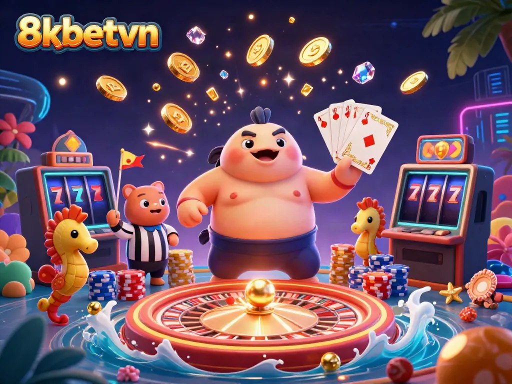 Experience the vibrant underwater casino scene with 8xbetvn, showcasing exciting games and a festive atmosphere.