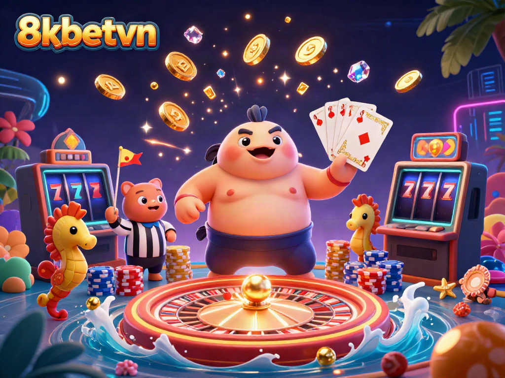 Experience the vibrant underwater casino scene with 8xbetvn, showcasing exciting games and a festive atmosphere.