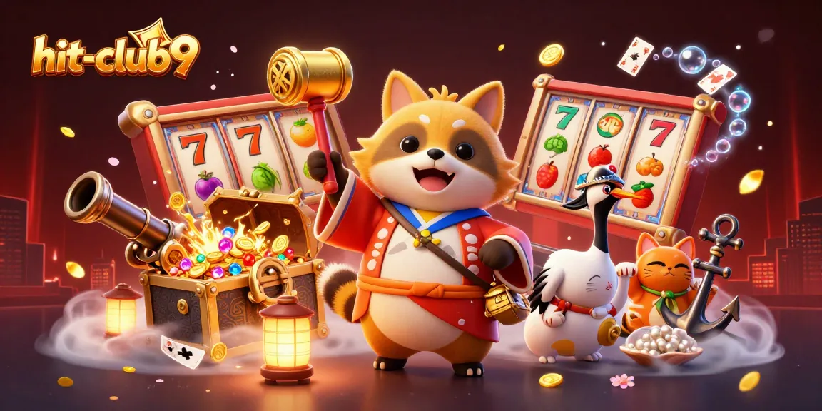 Play slots and win with hit-club9 while enjoying a vibrant scene with lucky characters and treasures.