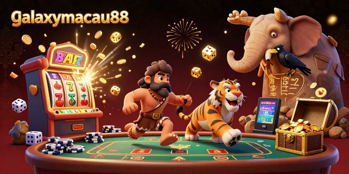 Experience the excitement at galaxymacau88 with a 3D scene featuring a caveman and tiger at a vibrant casino.