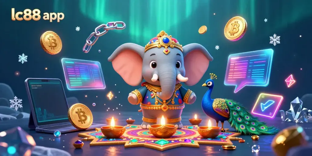 Immerse yourself in the vibrant world of lc88 app with a dynamic scene of a Diwali-themed elephant, peacock, and casino elements shining brightly.