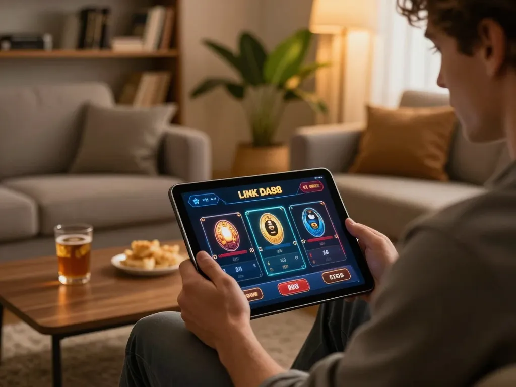 Engaging gaming moment on LINK DA88 platform in a cozy home setting with tablet and drinks.