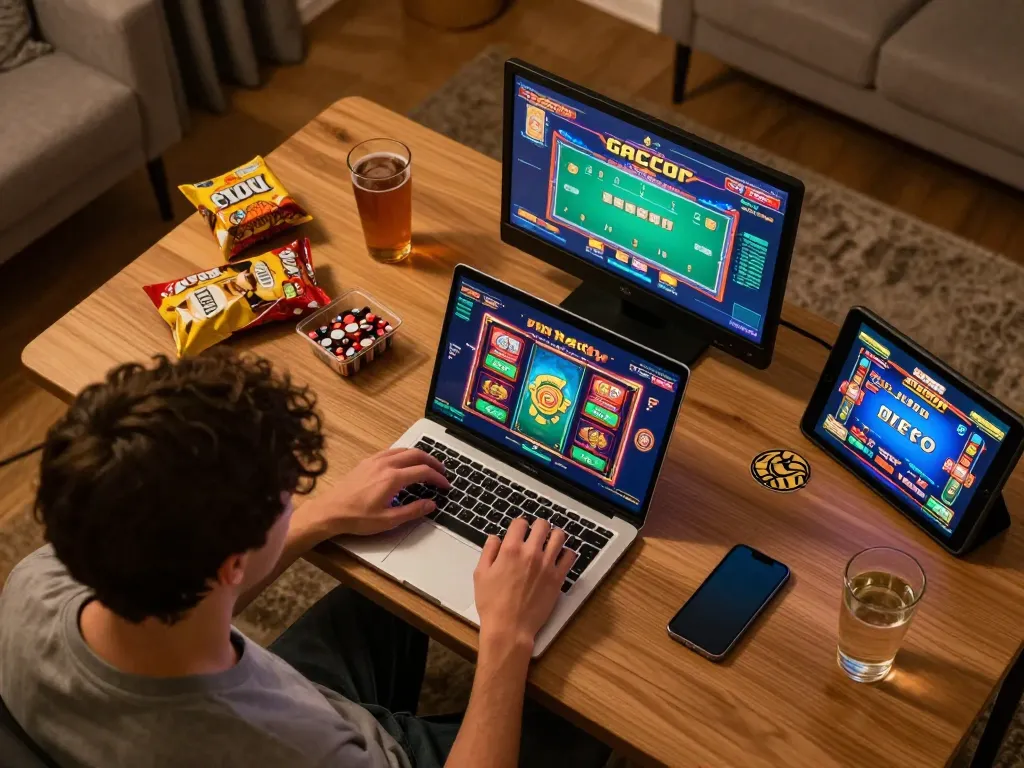 Engaging player enjoying a slot gacor game on a laptop in a cozy home setting with snacks.
