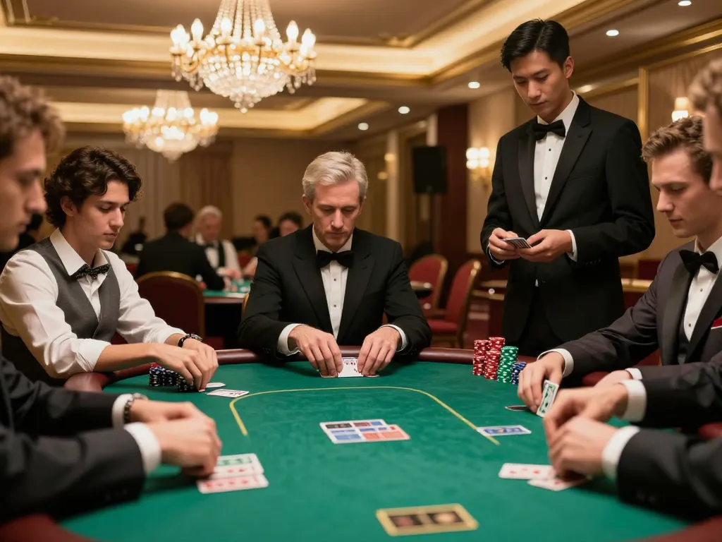 Sky88 players strategizing at an exclusive poker table in a luxurious casino setting
