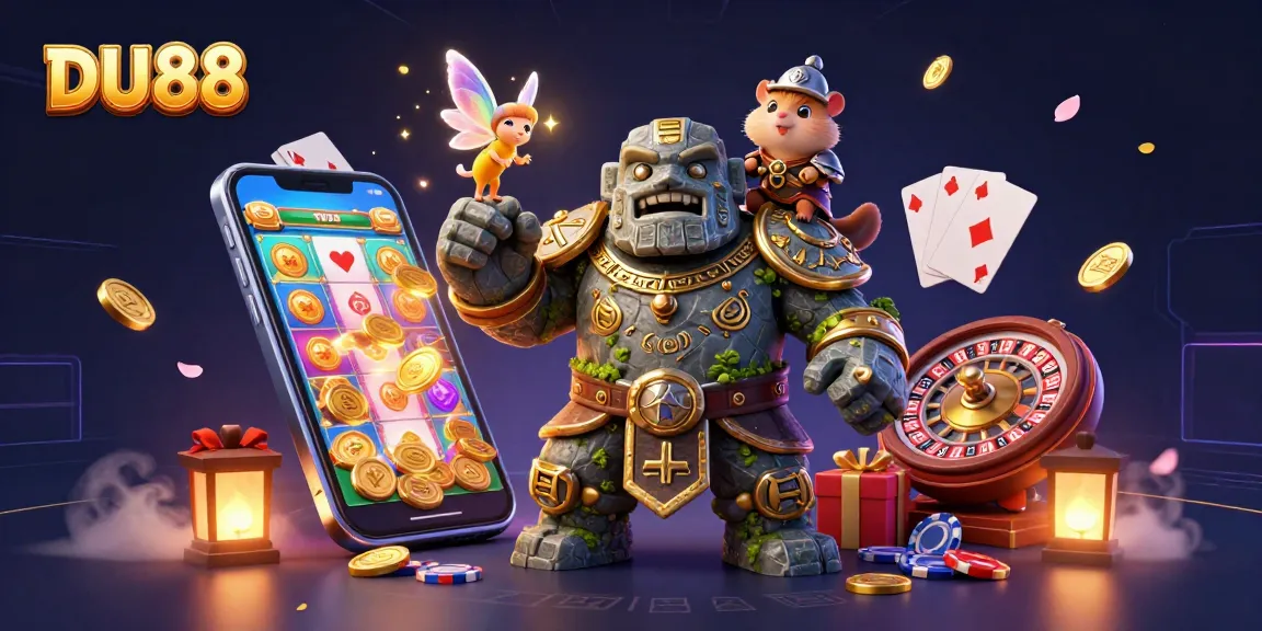 DU88 immerses gamers with a dynamic 3D casino illustration showcasing vibrant slot games and magical characters.