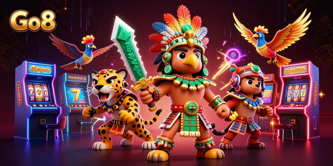 Experience vibrant gaming excitement with Go8 featuring Aztec warriors and slot elements.