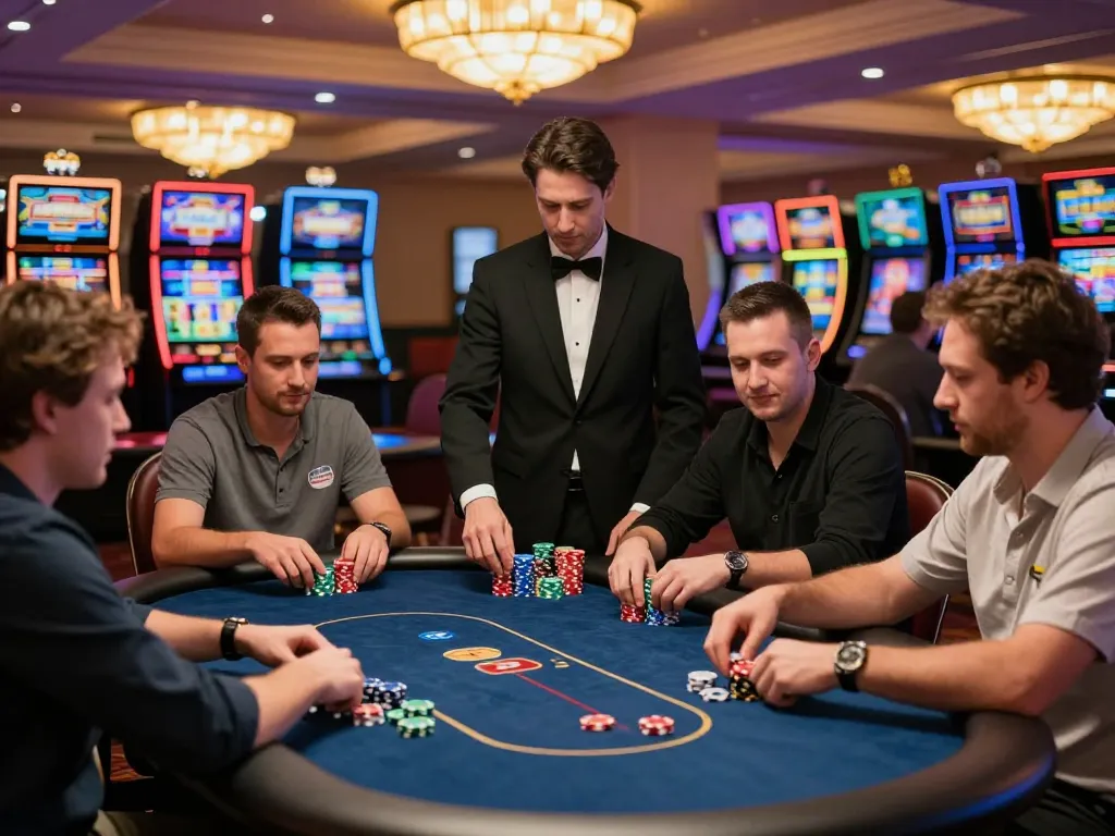KP88 players strategizing and placing bets on a bustling casino floor with colorful chips and vibrant gaming tables.