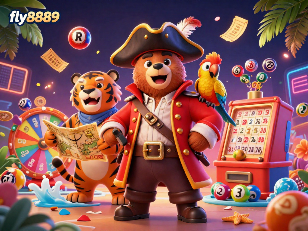 Engage in thrilling play with fly8889's vibrant casino scene showcasing colorful games and animated characters.