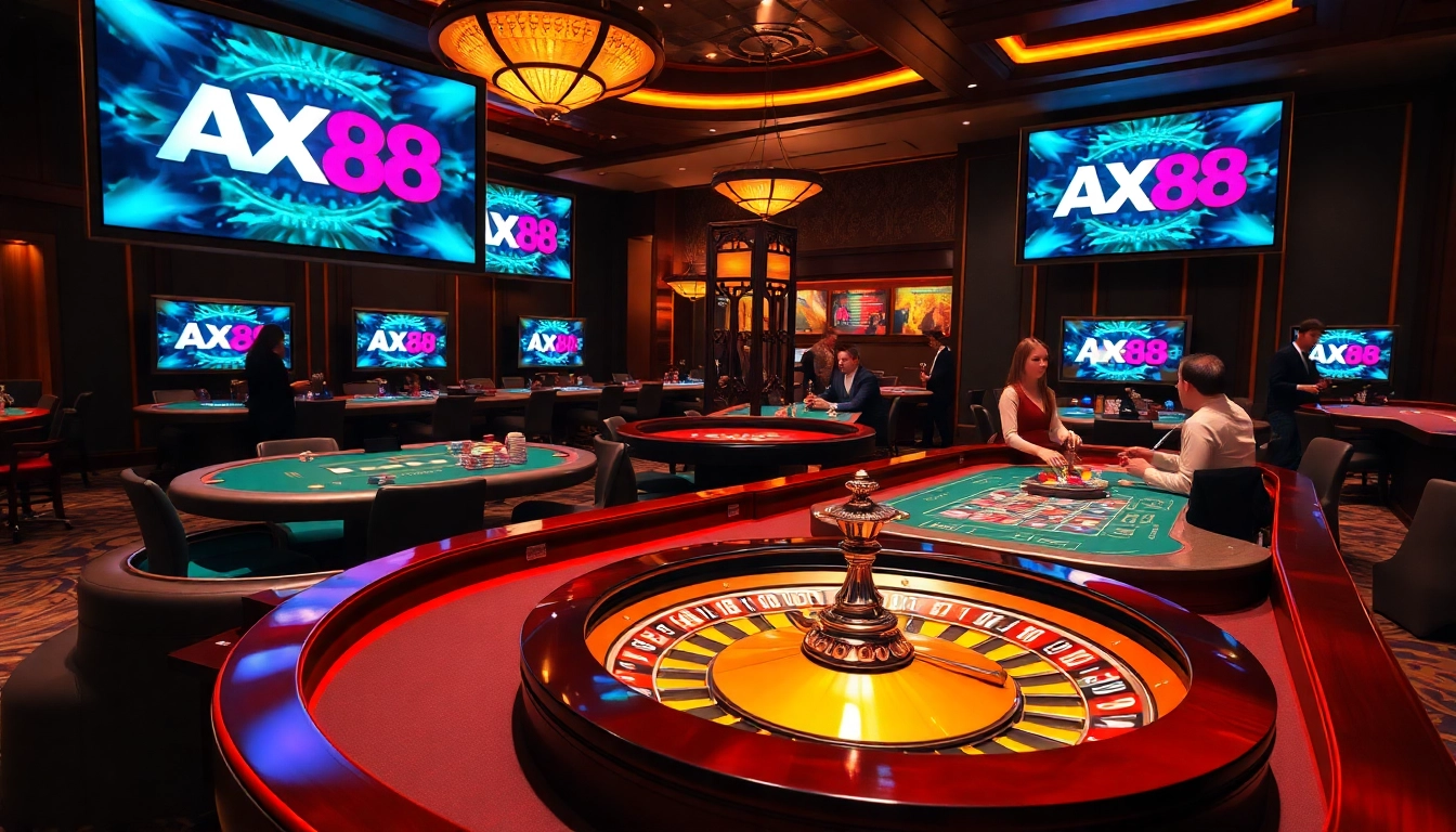 Engage with AX88 at a vibrant casino table filled with poker chips and a spinning roulette wheel.