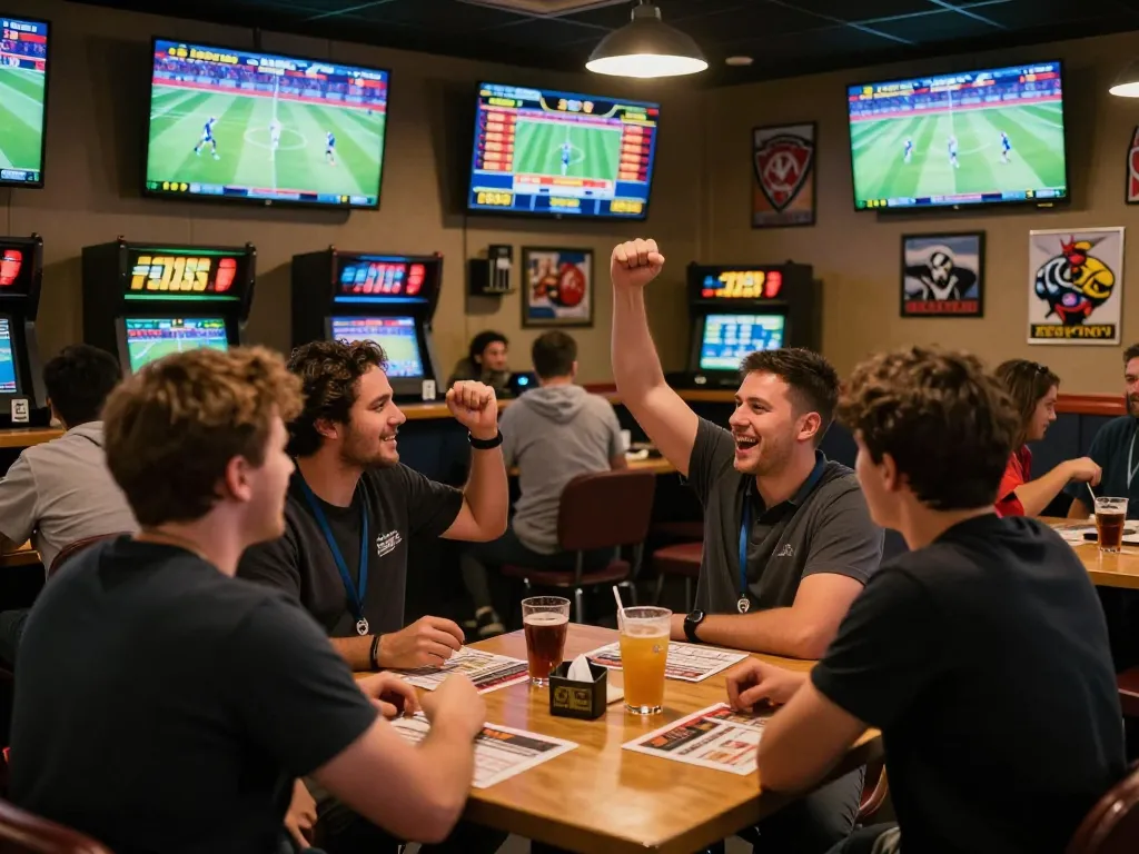 Engaged bettors in a lively sports betting lounge analyzing kèo nhà cái trực tiếp on screens with drinks and betting slips.