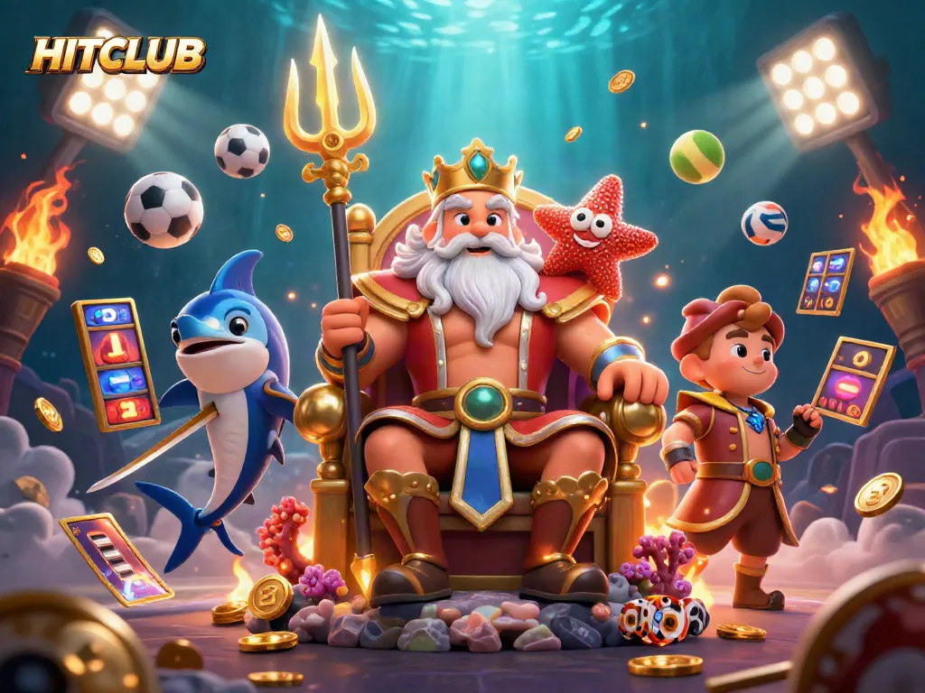 Experience HITCLUB with vibrant 3D casino illustration showcasing dynamic slot reels, sports elements, and engaging characters.