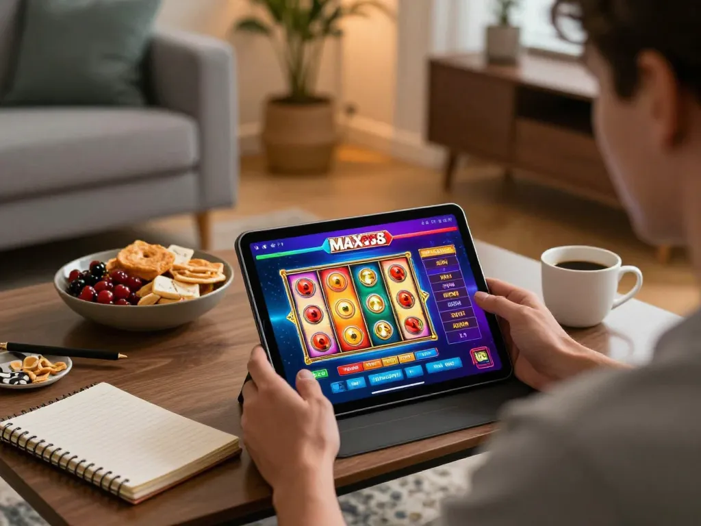 Engaging gameplay on MAX88 slot game app in a cozy home setting with a tablet and cup of coffee