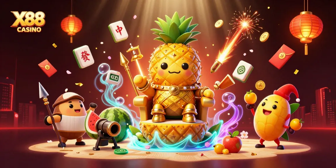 X88 CASINO offers an engaging online gaming atmosphere with vibrant characters and festive elements in a tropical setting.