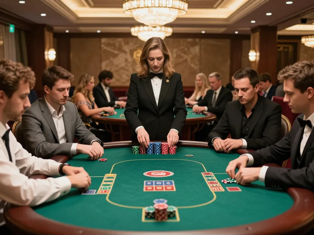 Players engaged in a high-stakes poker game at rikbet casino, showcasing intense concentration and strategic gameplay.