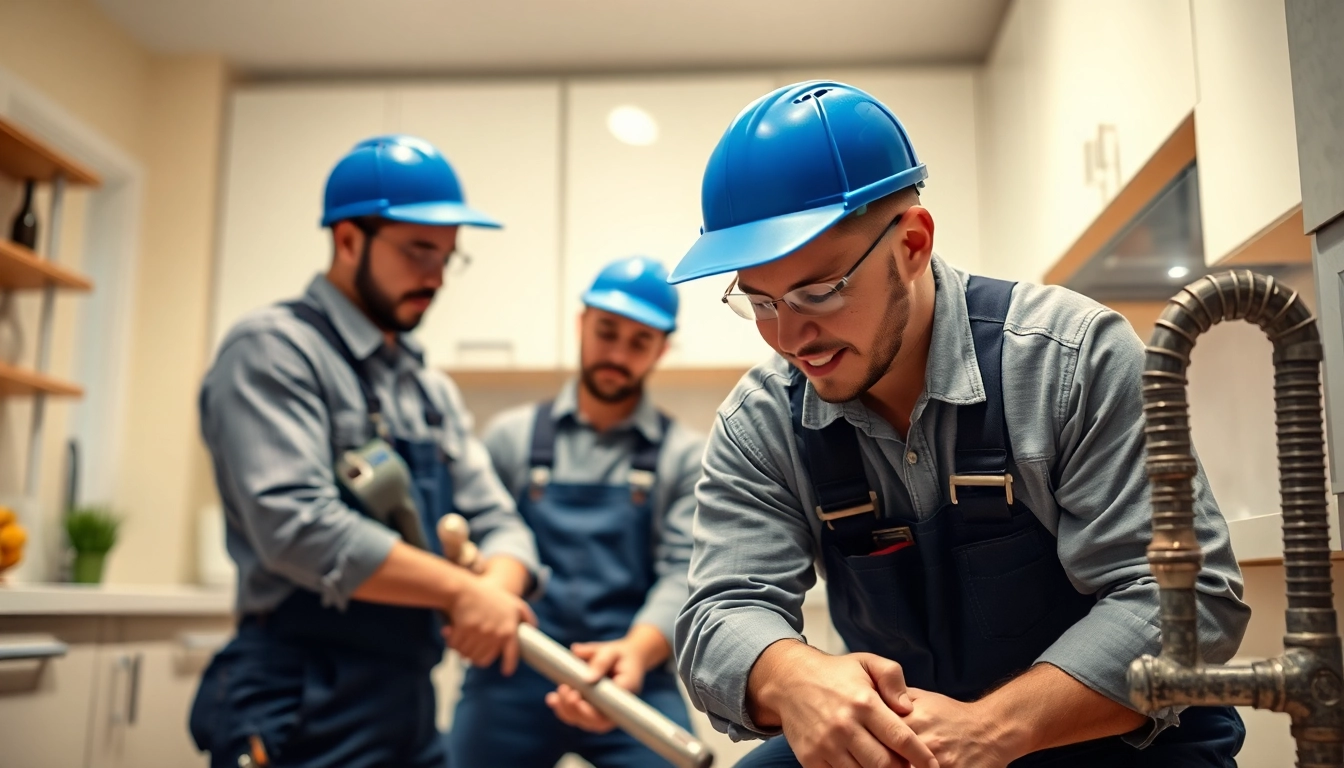 Toronto plumbers repairing pipes in a modern kitchen, showcasing professional expertise.