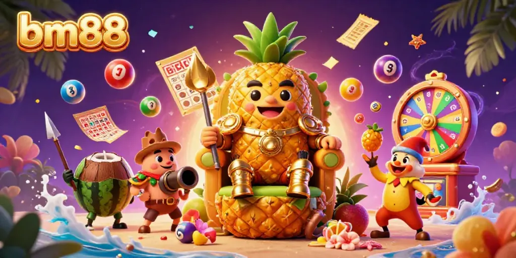 Engage with bm88 in a vibrant 3D casino scene showcasing a golden pineapple king, tropical elements, and dynamic gaming features.