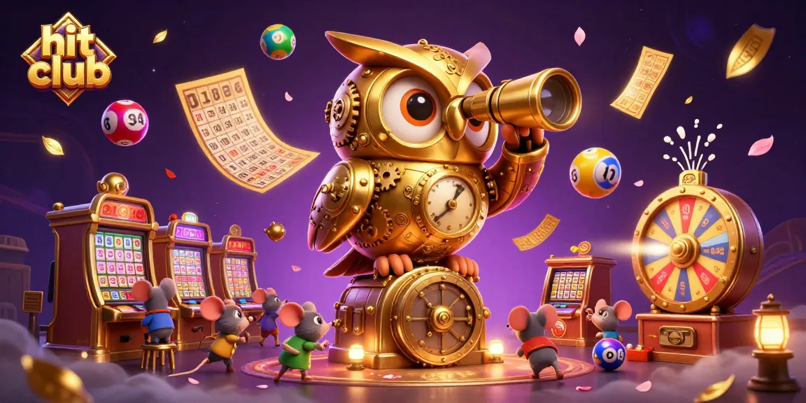 Hit club casino showcases a lively scene of a golden owl overseeing a vibrant gaming floor.