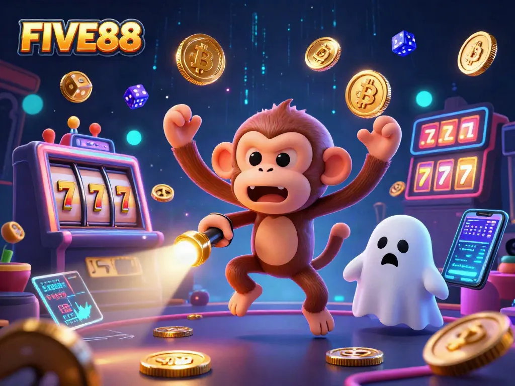 Experience thrilling slots at FIVE88's haunted casino with a mischievous monkey juggling golden coins.