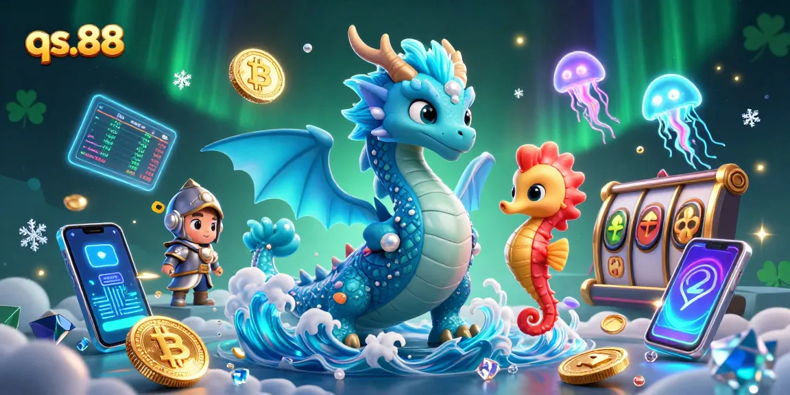 Engage with qs.88's vibrant slot game scene featuring a dragon, jellyfish, and crypto elements.