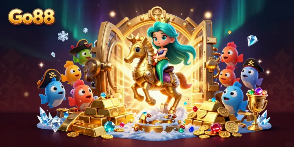 Experience the excitement of Go88 as a mermaid princess rides a golden seahorse amidst treasure in a vibrant casino scene.