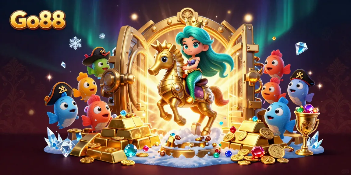 Experience the excitement of Go88 as a mermaid princess rides a golden seahorse amidst treasure in a vibrant casino scene.