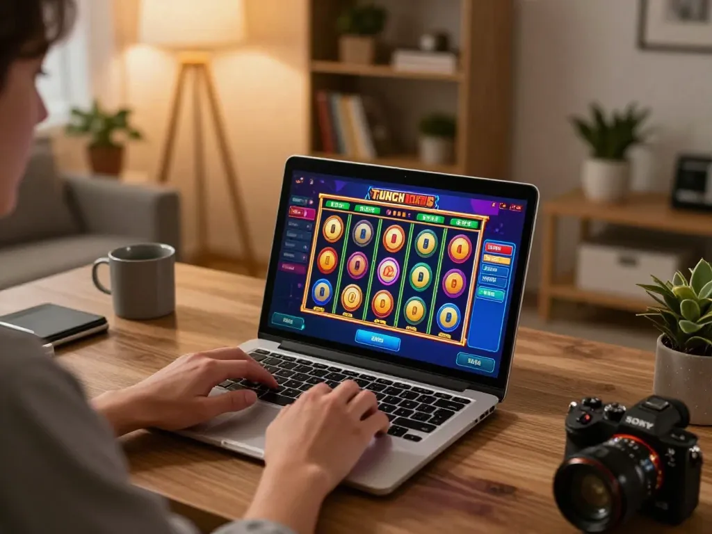 Player enjoying an exciting slot game at o8casino in a stylish home setup, immersed in the online experience.