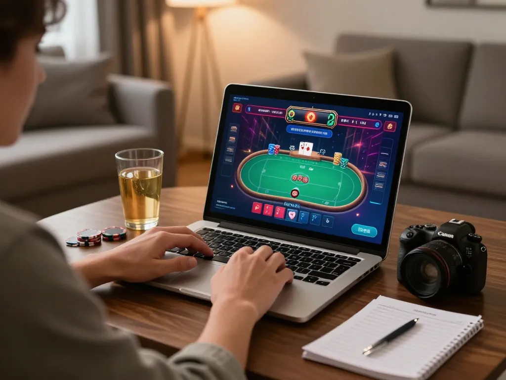 KP88 player engaged in online poker game from cozy home setup with strategy notes and warm lighting.