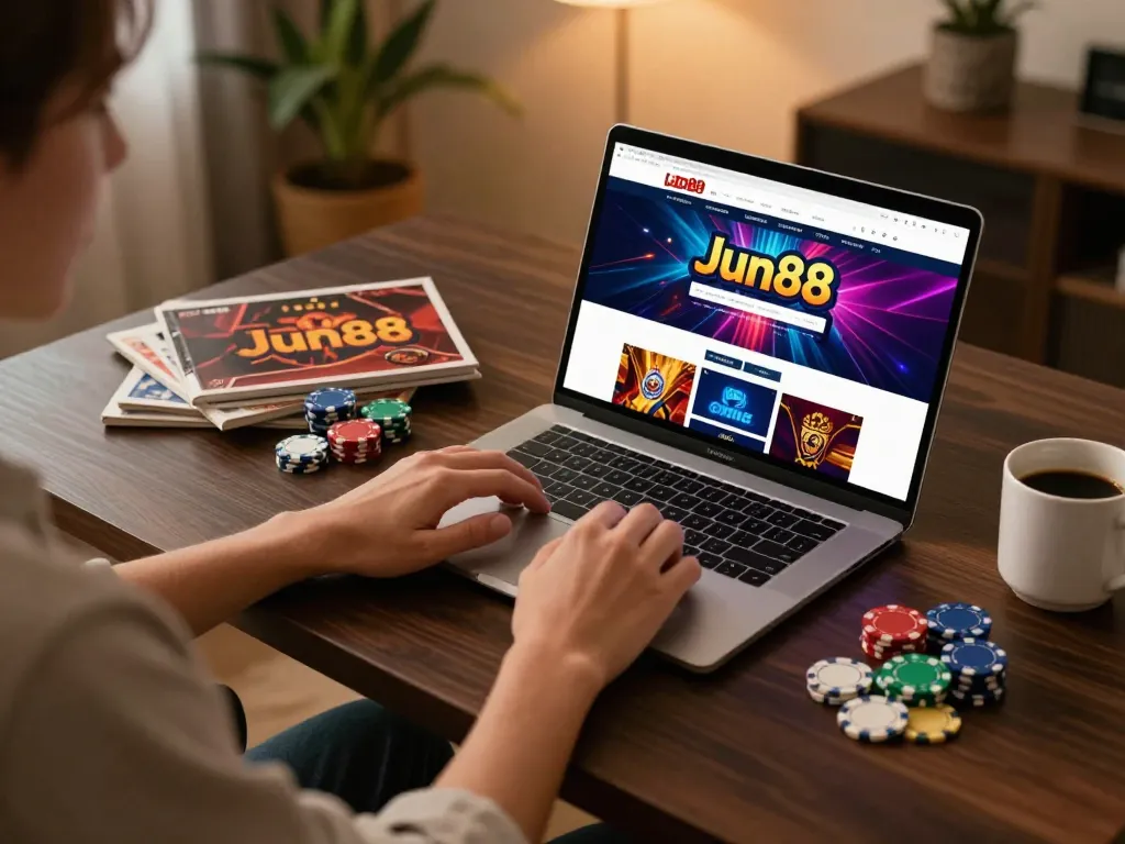 Player using Jun88 for online casino games in a cozy home setup.