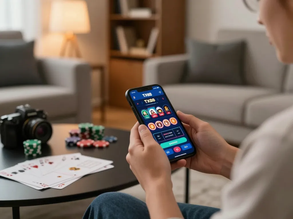 Engaging in strategic mobile gaming on Tx88 casino app in a cozy home environment