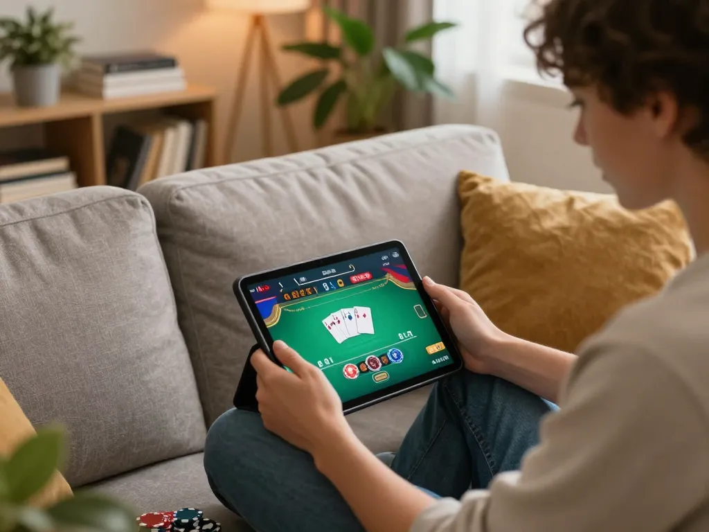 Engaged player at home using miso88 app for a dynamic online poker game