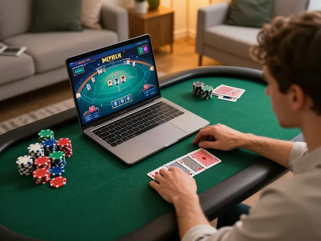 Player engaging in online casino games at home showcasing trang chủ xx88 and vibrant gameplay elements