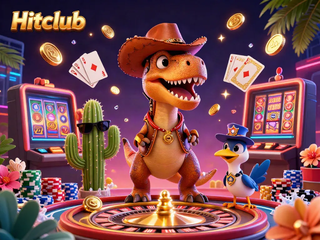 Experience the vibrant energy of Hitclub with a T-Rex, cactus, and roadrunner in a dazzling casino scene.