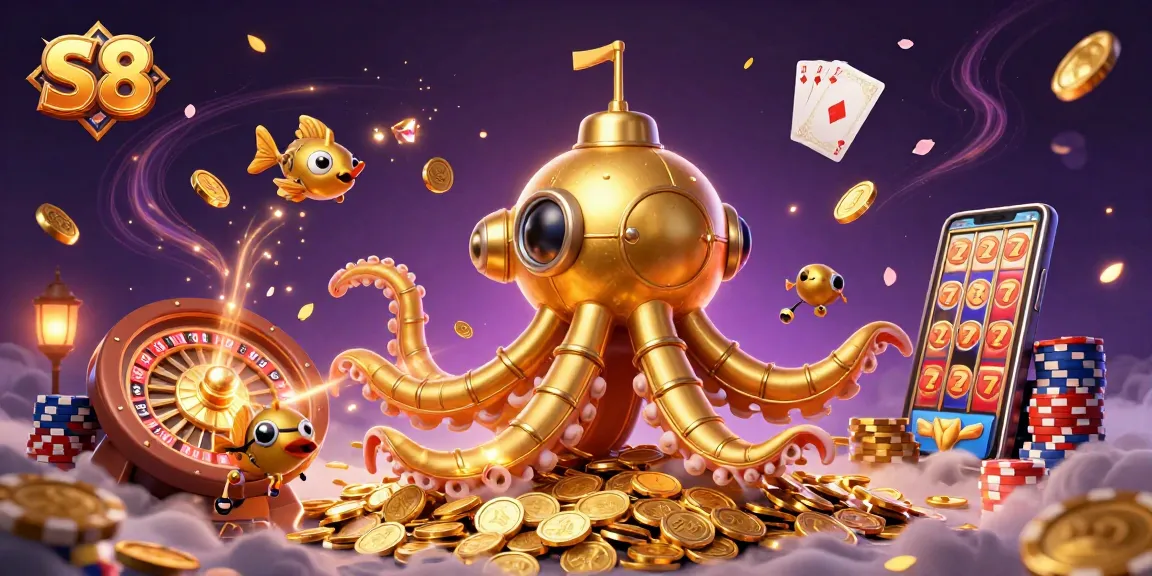 S8 showcases a thrilling casino scene with a kraken submarine amid gold coins and dice, spinning roulette.