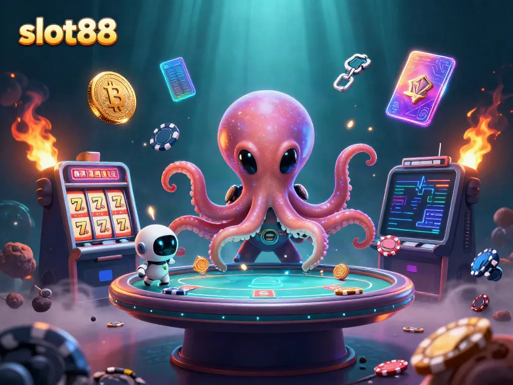 Experience thrilling action with slot88 at a vibrant alien casino illustrated with dynamic characters.