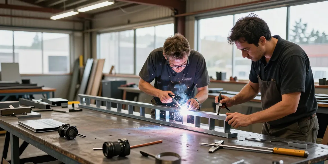 Expert metal fabrication in West Vancouver, showcasing skilled technicians welding and crafting custom designs in a bright workshop.