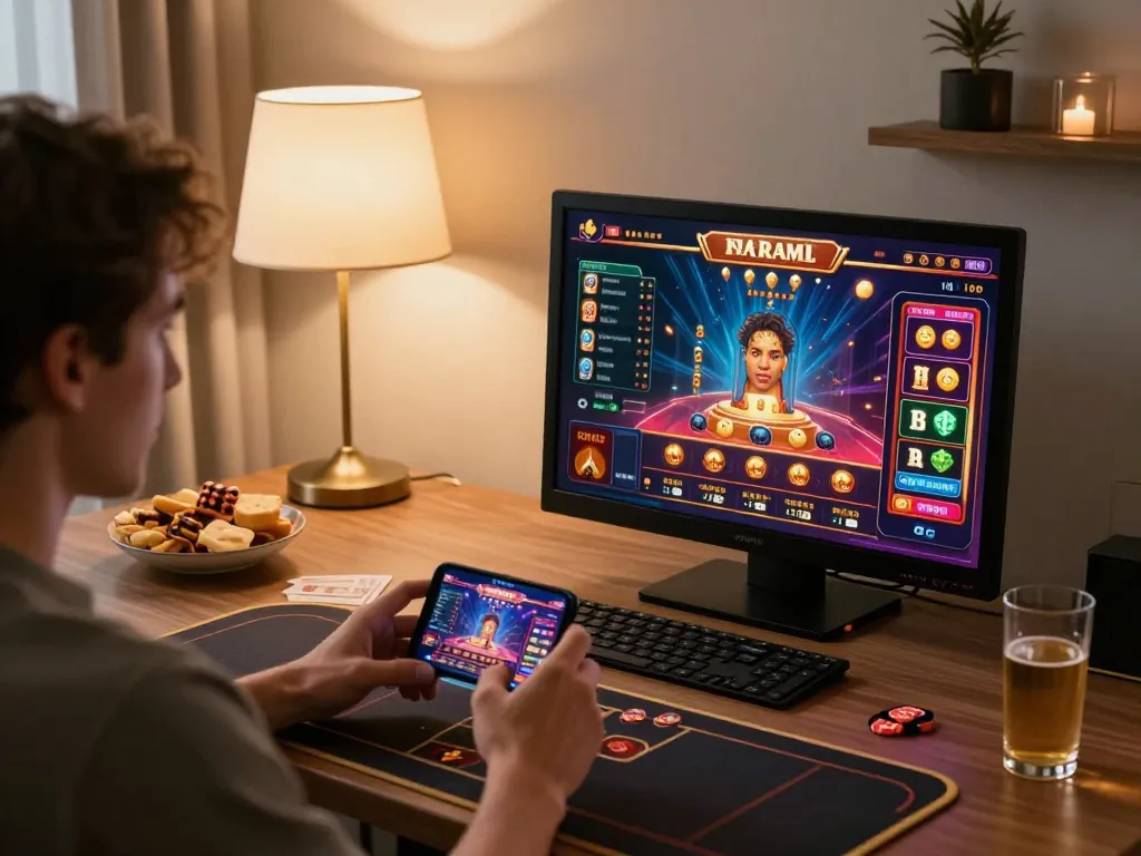 Player enjoying a mobile game at nhà cái nk88 in a cozy living room setup