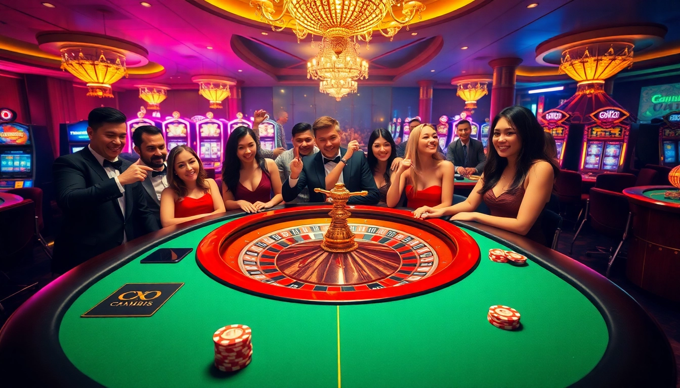 Experience high-stakes gaming at CM88 with vibrant casino action, roulette wheel, and poker table.