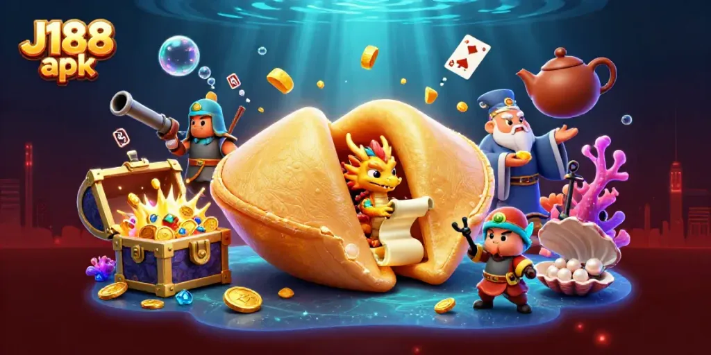 Engage with the vibrant scene of J188 apk where the golden fortune cookie holds secrets and treasures amidst a lively gambling atmosphere.