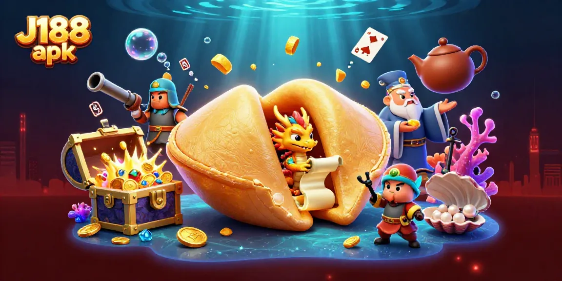 Engage with the vibrant scene of J188 apk where the golden fortune cookie holds secrets and treasures amidst a lively gambling atmosphere.