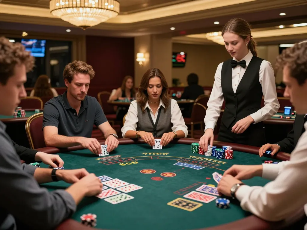 Players strategizing at a blackjack table in a luxurious casino environment showcasing GA88, focused on their next move.