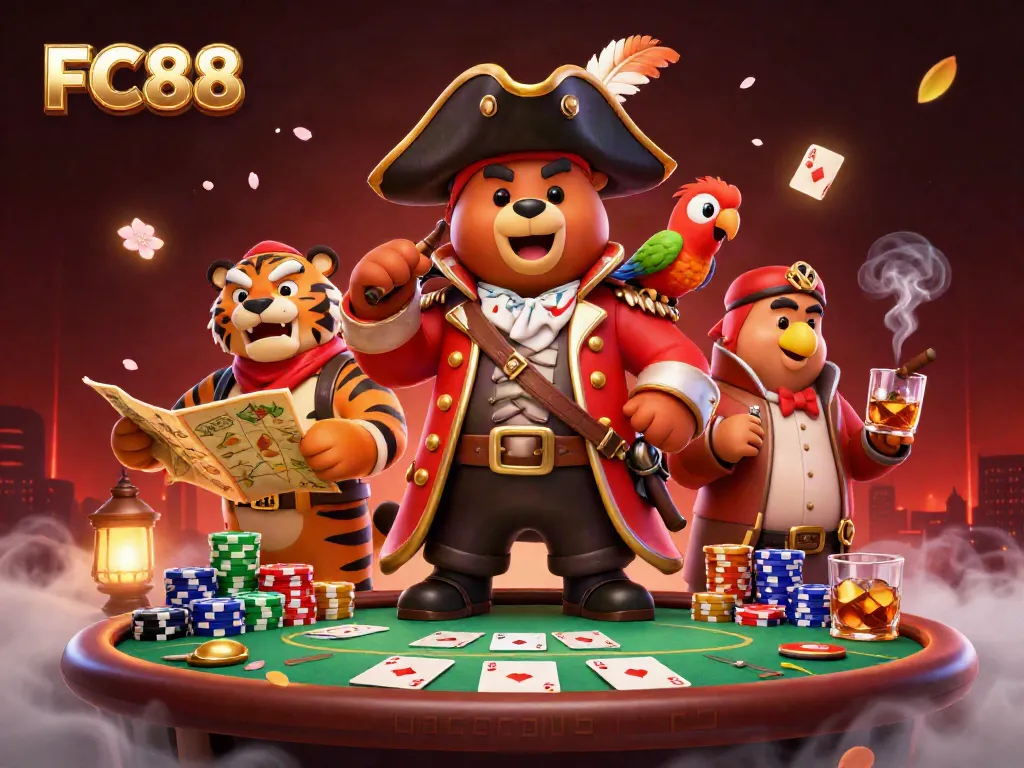 Experience thrilling poker action at FC88 with a vibrant illustration showcasing lively casino elements.