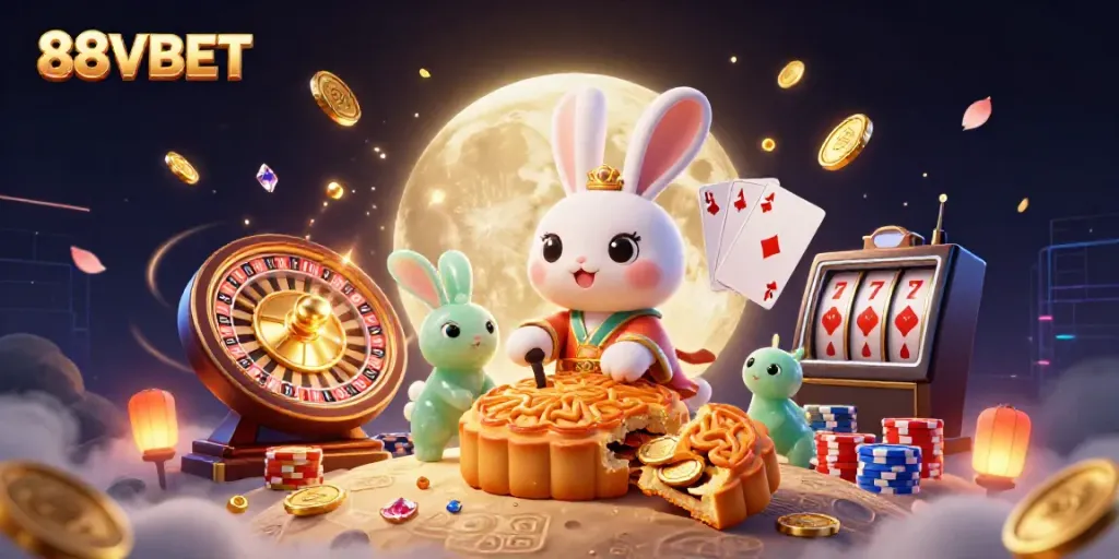 Win big with 88VBET as the moon rabbit reveals casino treasures in this vibrant scene.
