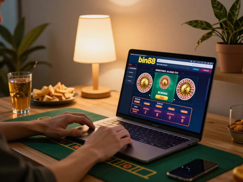 Engaging moment at bin88 online gaming session with laptop and player ready to place bets