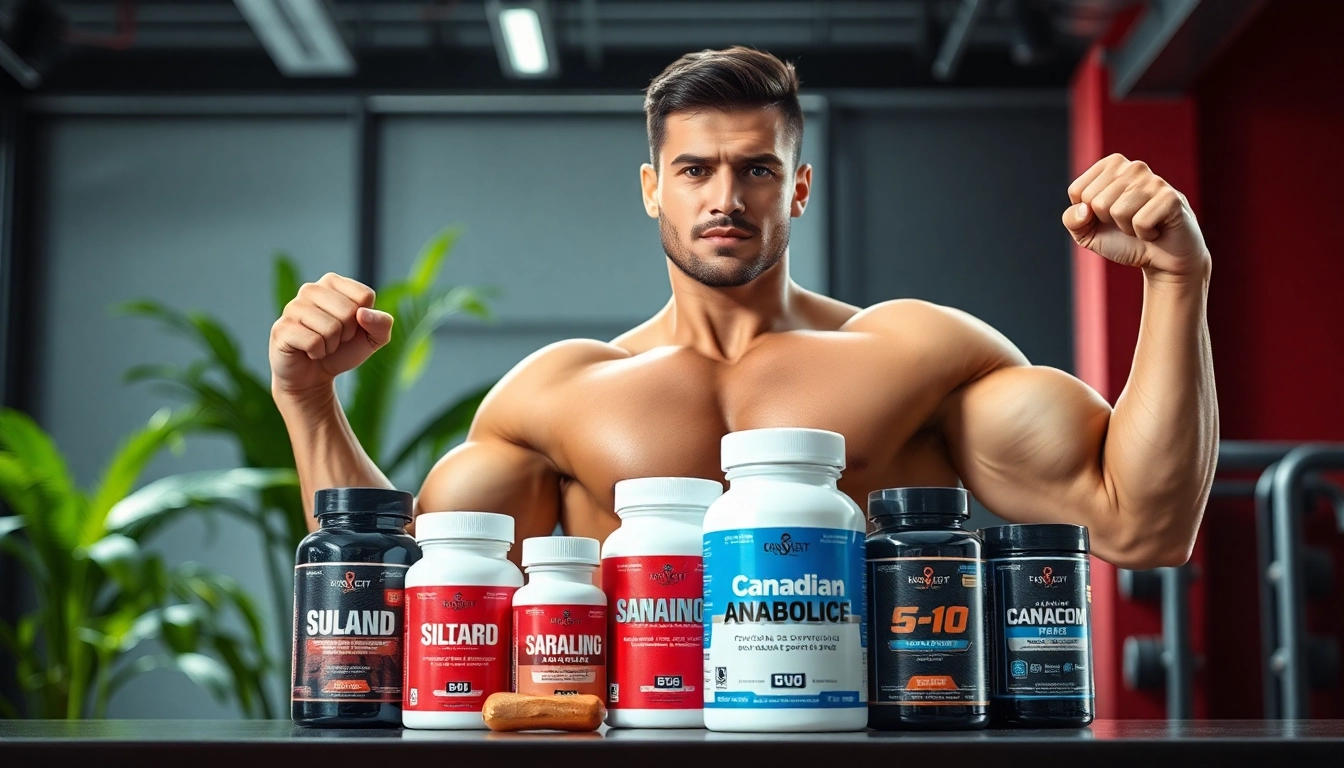 Bodybuilder using Canadian anabolics products in a gym, showcasing strength and fitness.