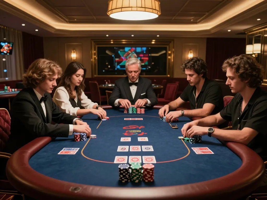 hi88 players enjoying a poker game in a luxurious casino atmosphere with elegant decor and intense focus.